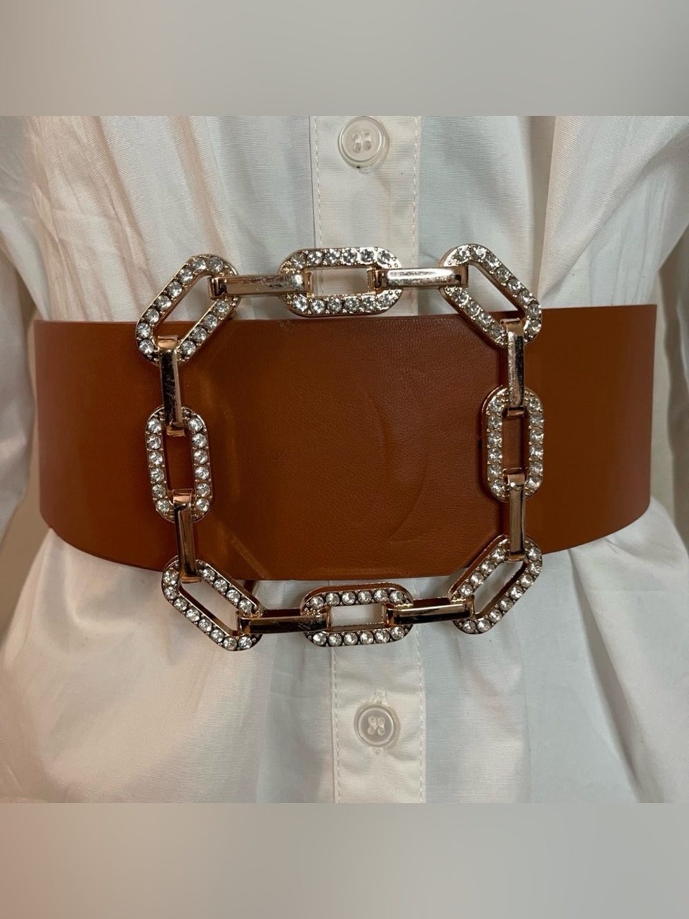 Plus size brown PU leather square gold tone buckle with rhinestones wide belt